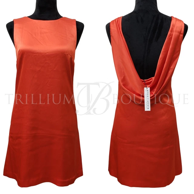 ALICE + OLIVIA Lita Cowl Back Satin Sleeveless Shift Dress Bright Poppy XL NEW