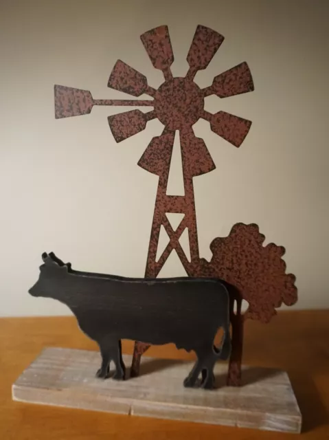 12" Rustic Country Primitive Amish Style Windmill & Shabby Chic Cow Home Decor