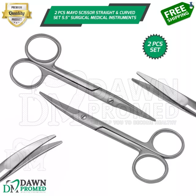 2 Pcs Mayo Scissor Straight & curved Set 5.5" Surgical Medical Instruments