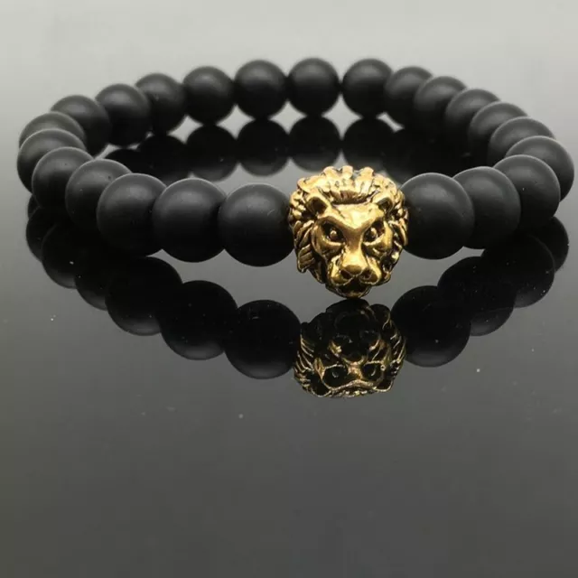 Men Fashion Black Lava Stone Gold&Silver Lion Beaded Cuff Charm Bangle Bracelet