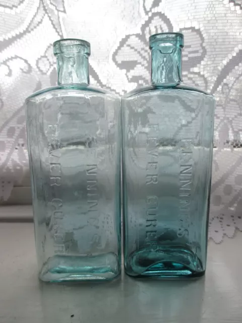 2x VICTORIAN CHEMIST MEDICINE APOTHECARY GLASS BOTTLES FENNING'S FEVER CURE