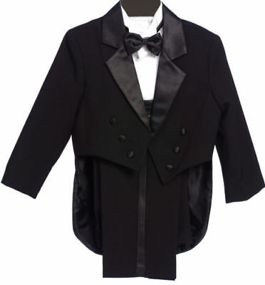 Boys Tailed Penguin Black Tuxedo suit Satin fancy wedding Bow tie vest pants