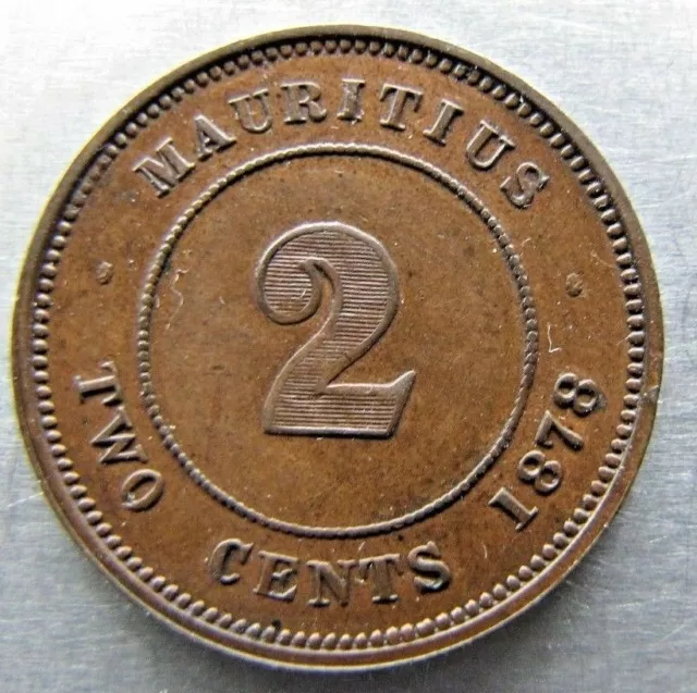 Mauritius 2 Cents 1878 sharp brown AU-UNC,  Scarce grade !