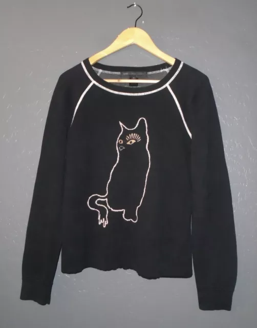 MARC by Marc Jacobs Sweater BLACK Rue Kitty Cat Metallic Gold Eye Intarsia Small