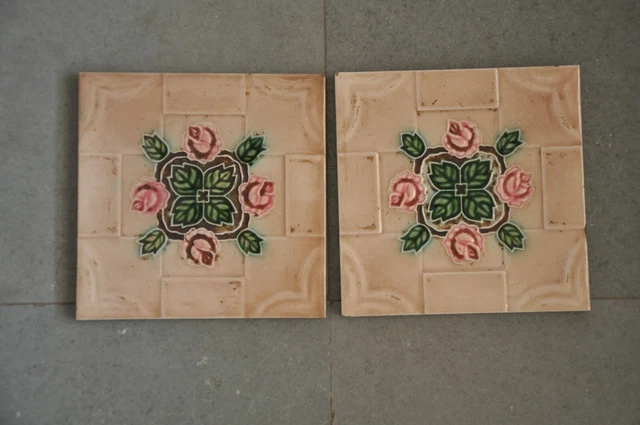 2 Pc Vintage D.K Trademark Flowers & Checks Embossed Ceramic Tiles,Japan