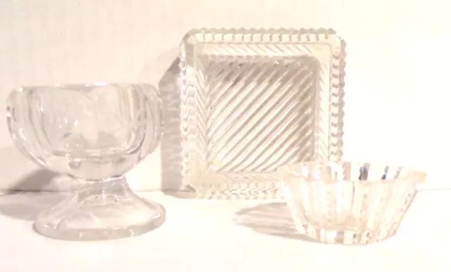 Antique Etched Crystal Open Salt Cellar Cut Glass Dip Pedestal Zipper Dish VTG