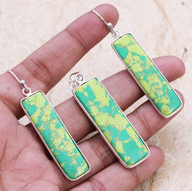 Copper Green Turquoise 925 Silver Plated Handmade Pendant & Earring Set of 1.8"
