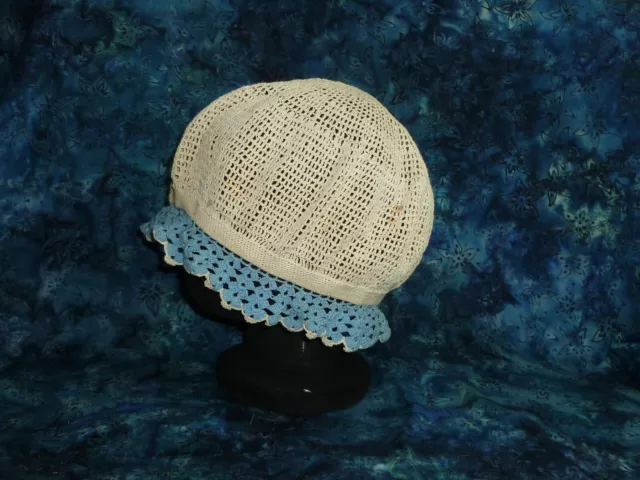 Antique Childs Night Cap Bonnet-Handmade Crochet Lace Hat-Christening Baptismal