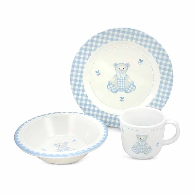 Reed & Barton Baby Boy Gingham Bear 3 Piece Dinner Set Blue White Melamine