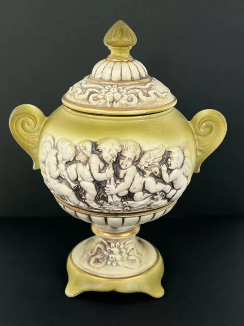 Antique Italian Capodimonte Porcelain Bisque Handles Putti Cherubs Lid Urn 6"