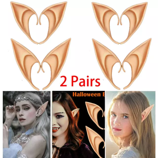 2 Pair Elf Ears Rubber Latex Prosthetic Tips Angel Pixie Fairy Adult Kid Cosplay