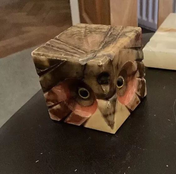 Vintage Hand Carved Alabaster Marble Stone Owl Paperweight Cube Made In Italy