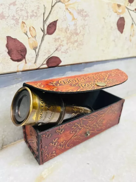 Antique Brass Finish Dolland London Telescope Vintage Spyglass With Leather Box.