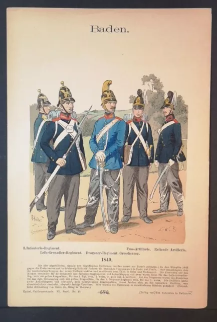 Chromolithografie von 1896. Baden. 3. Infanterie-Regiment, Fuss-Artillerie, Reit