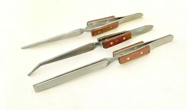 3 x Soldering Tweezers with wooden pads serrated Jewelers craft tools