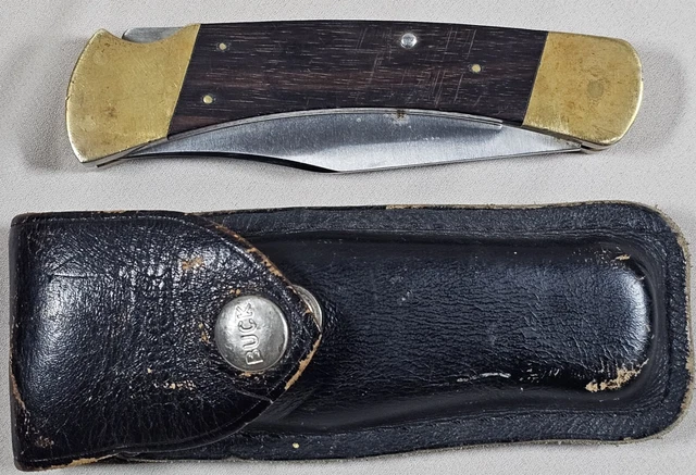 Vintage Buck 110 Folding Lockback Hunter Knife Small Pins 2 Dot+ Leather Sheath