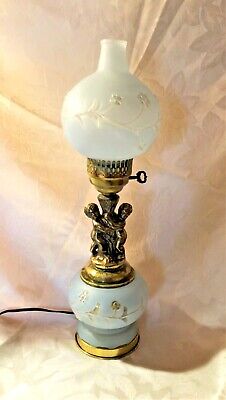 VTG VICTORIAN Brass cherub Blue Floral Roses Double Globe Lamp Glass-21”