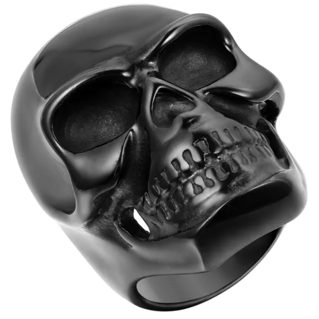 Heavy Gothic Skull Biker Stainless Steel Men's Ring High Polished Black Tone