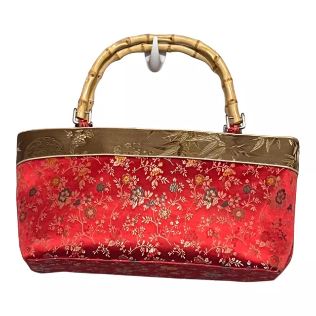 Womens Handbag Purse Asian  Red  Bronze Trim Brocade Fabric Bamboo Handles