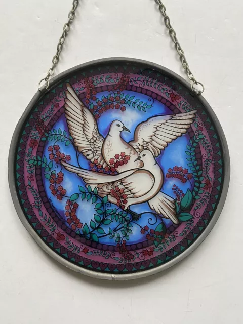 Doves Flowers Window Sun Catcher Stained Glass Style 6 3/8" Chain
