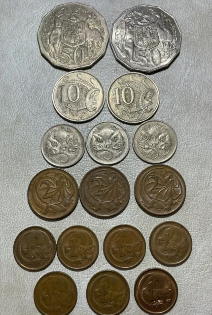 Australian 17 Assorted Cent Coins $.50, $.10, $.05, $.02 and $.01 1966-1983