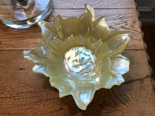 Soft Yellow Akcam Iridescent Floral Turkish Art Glass Bowl - 6 3/4 in x 2 1/2 in