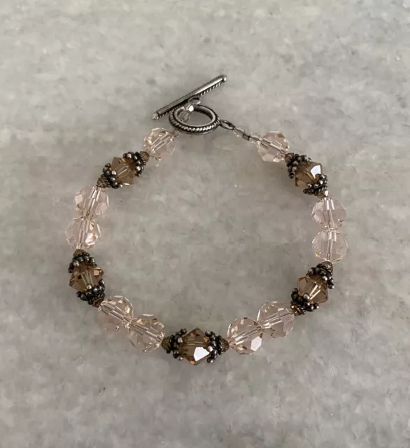 Beautiful Sterling Silver Swarovski Crystal Beaded Bracelet Peachy Pink Topaz