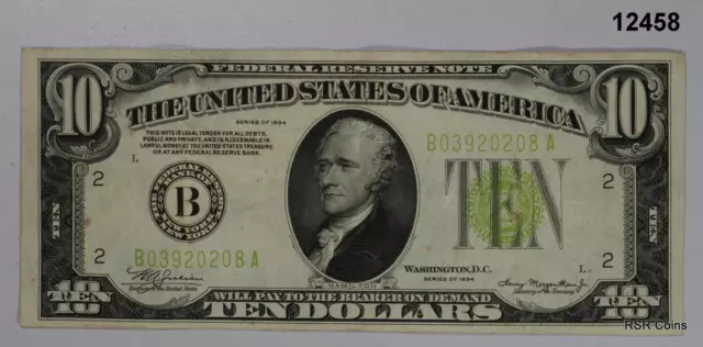 1934 $10 New York FEDERAL RESERVE NOTE CRISP LIGHT GREEN XF+ #12458