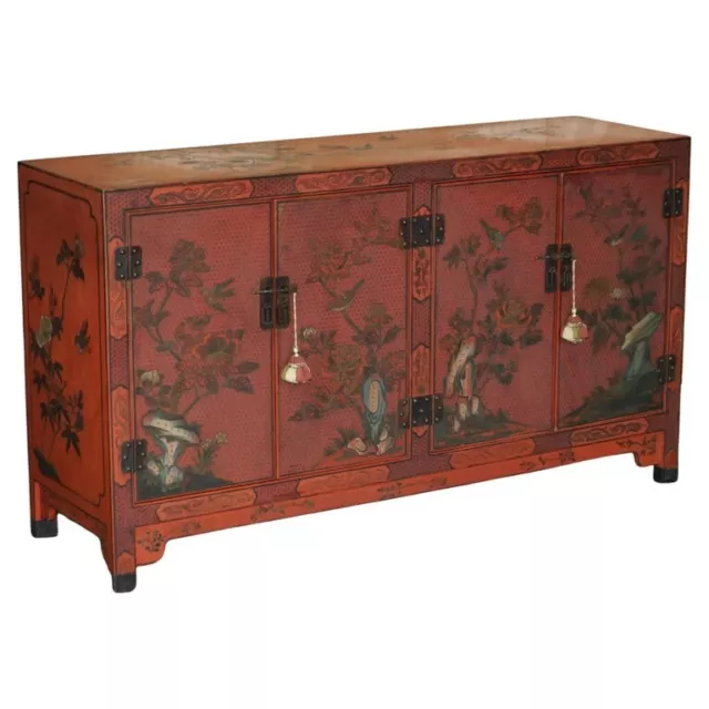 Decorative Antique Chinese Chinoiserie Floral Painted And Lacquered Sideboard