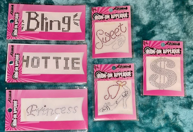Lot of 6 Rhinestone Iron On Appliqués HOTTIE PRINCESS High Heel SWEET BLING