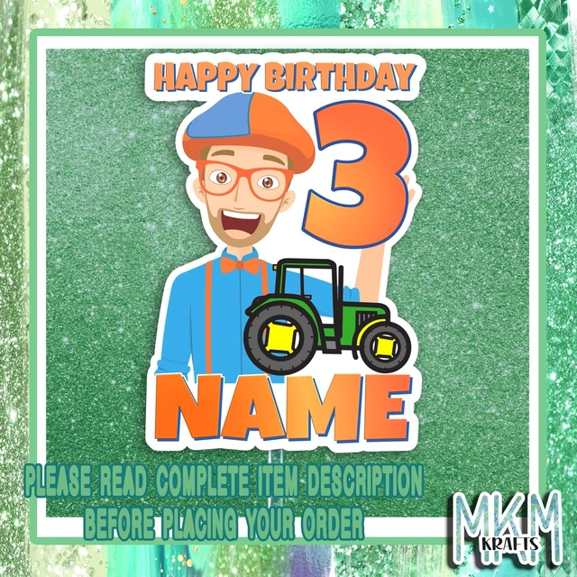 BLIPPI PERSONALISED TRACTOR Card Cake Topper HAPPY BIRTHDAY Any Name