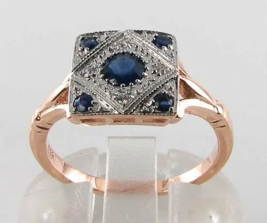 Divine 9Ct 9K Rose Gold Blue Sapphire & Diamond Art Deco Ins Ring Free Resize