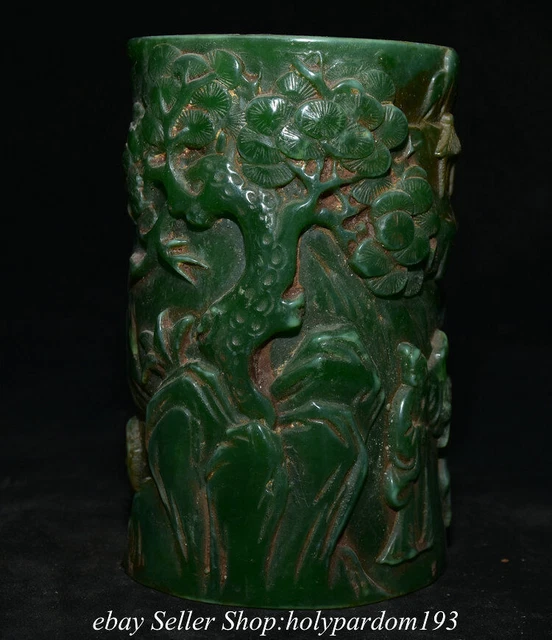 5" Old Chinese Green Jade Carved Dynasty Tree Figure Brush pot Pencil vase Pot