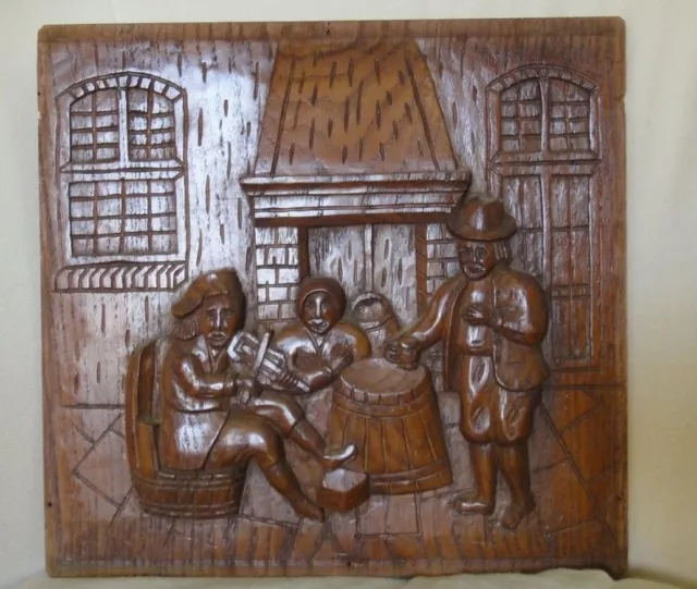 Old Dutch Antique High Relief Carved Oak Wood Furniture Panel Tavern Scene