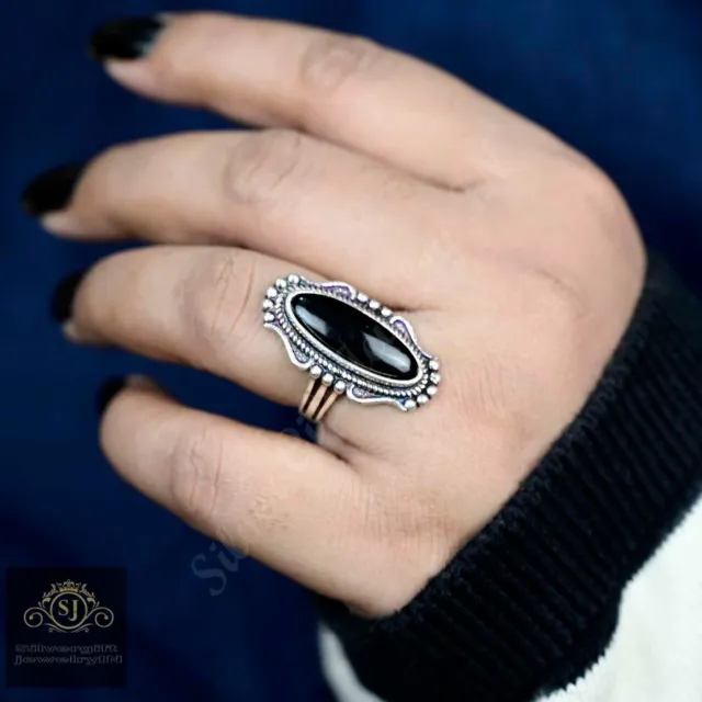 Natural Obsidian Gemstone Ring 925 Sterling Silver Oval Band For Unisex Wedding