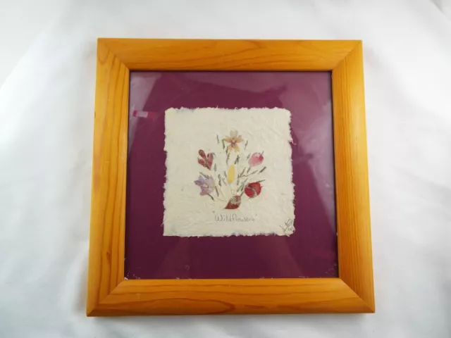 Paper Collage with dried Wildflowers 8.5"x8.5 signed Framed Hand made Paper