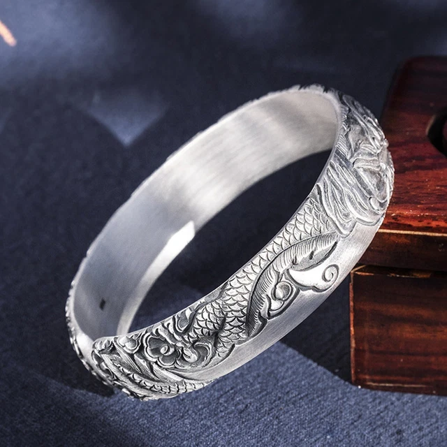 Pure S999 Fine Silver Bangle Men Lucky Cloud Dragon Guan Yu Cuff Bracelet