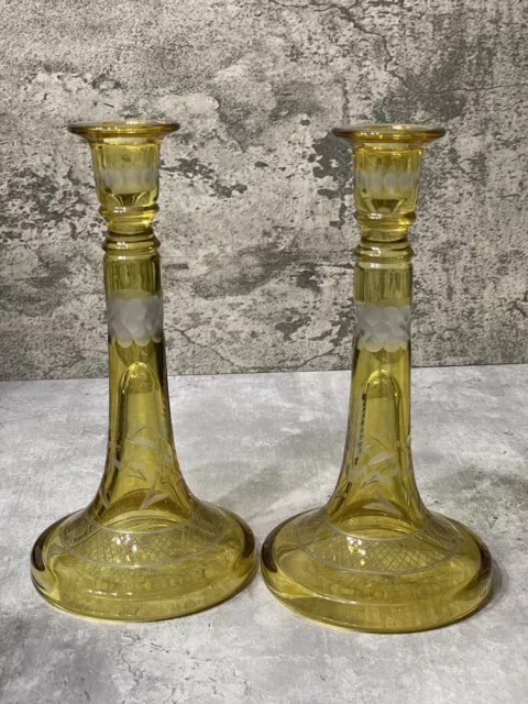 PAIR VINTAGE Yellow CUT GLASS Crystal CANDLE STICKS Holders