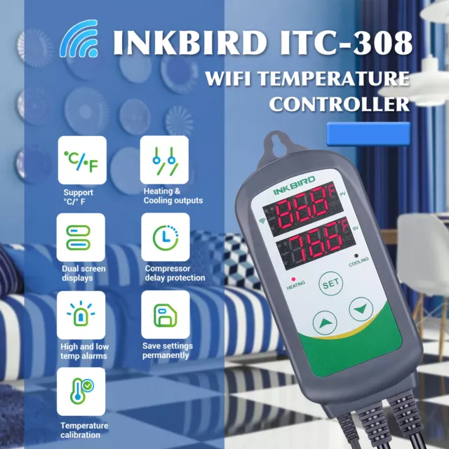 Digitaler Thermostat INKBIRD 2.4G WIFI Metallsonde Gewächshaus Garden CF ITC-308