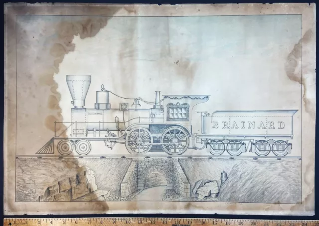 RARE - Drawing Painting - Watertown NY Railroad c 1850  Smith - Brainard Train 2