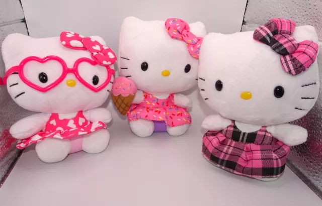 Lot of 3 Hello Kitty Plush TY by Sanrio Hearts-Ice Cream-Plaid - 6 inch - 2013