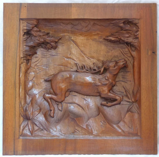 Nice Antique French Deep Hand Carved Walnut Panel Cupboard Salvage Hunting theme