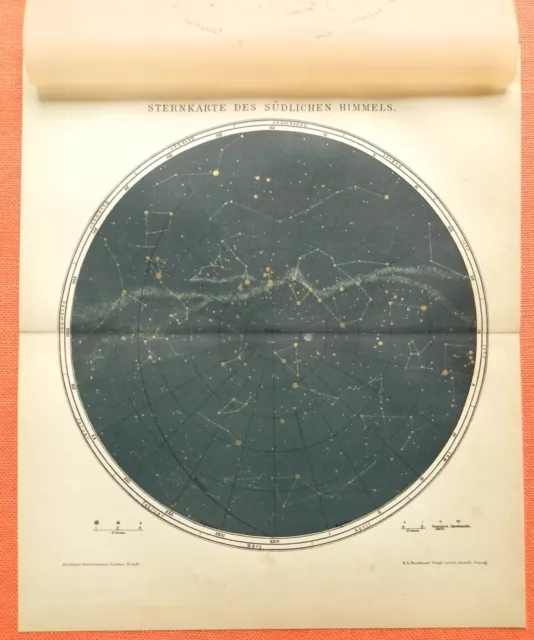 Sternkarte des südlichen  Himmels mit Deckblatt Lithographie 1894 Astronomie