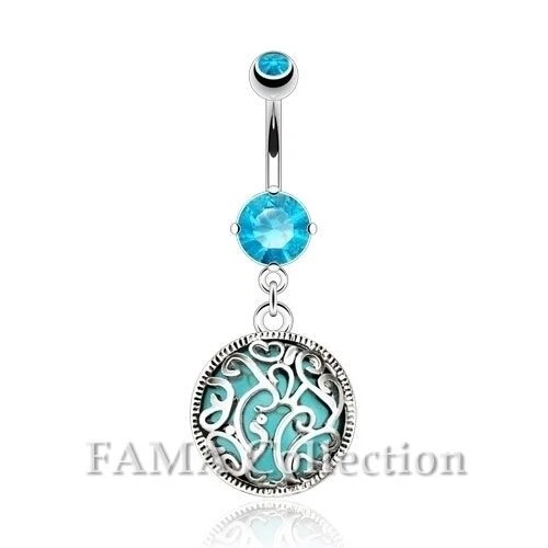 FAMA Swirls Medallion with Turquoise Semi Precious Stone Inside Navel Belly Ring