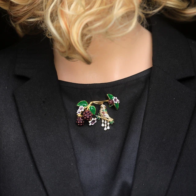 Broche Art Nouveau - Oiseau, Fleur Et Feuille En émail Vert - Dorée - Neuf (nouvellement Fabriquée)