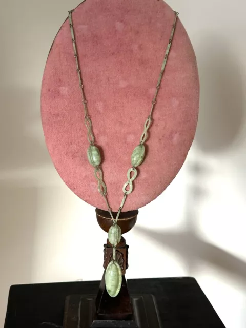 Antique 1920s Art Deco Sautoir drop bead green celluloid necklace flapper