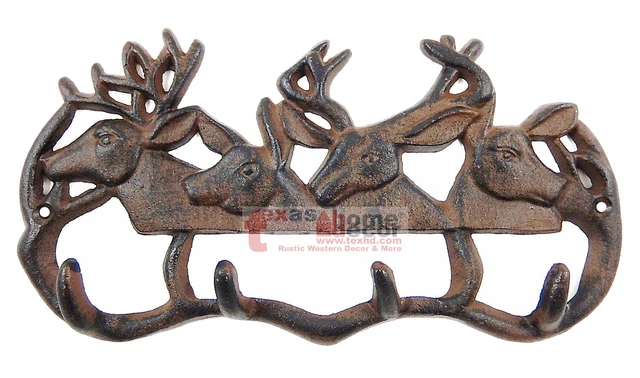 Deer Family Key Rack Antler Cast Iron Coat Holder Bucks Wall Hooks Cabin Lodge