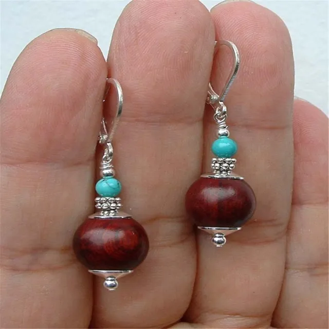 Pretty Red Wood Green Turquoise Sterling Silver Earrings Clip-on Handmade