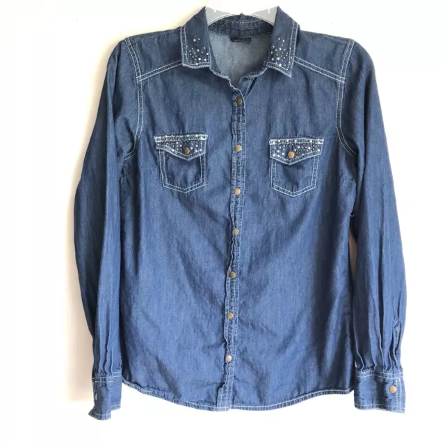 FADED GLORY WOMEN'S Sz S Denim Snap Button Down Embellished Studded $9. ...