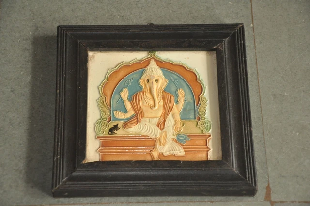 Vintage Wooden Frame Lord Ganesha Embossed Colorful Design Ceramic Tile